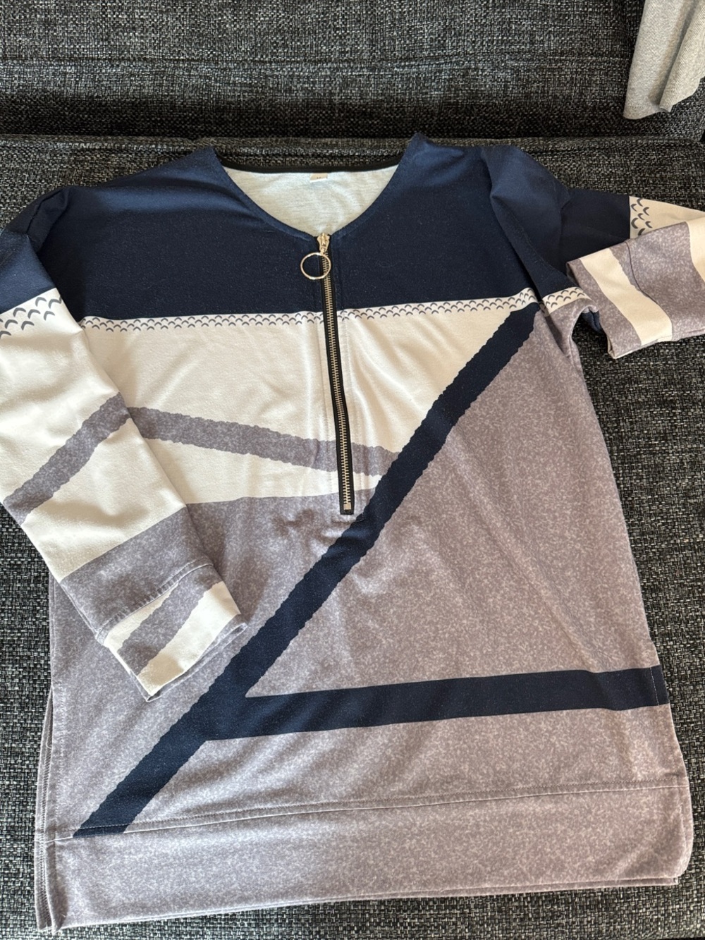 Geometric Zip-Front Pullover — Navy, Gray & Beige
